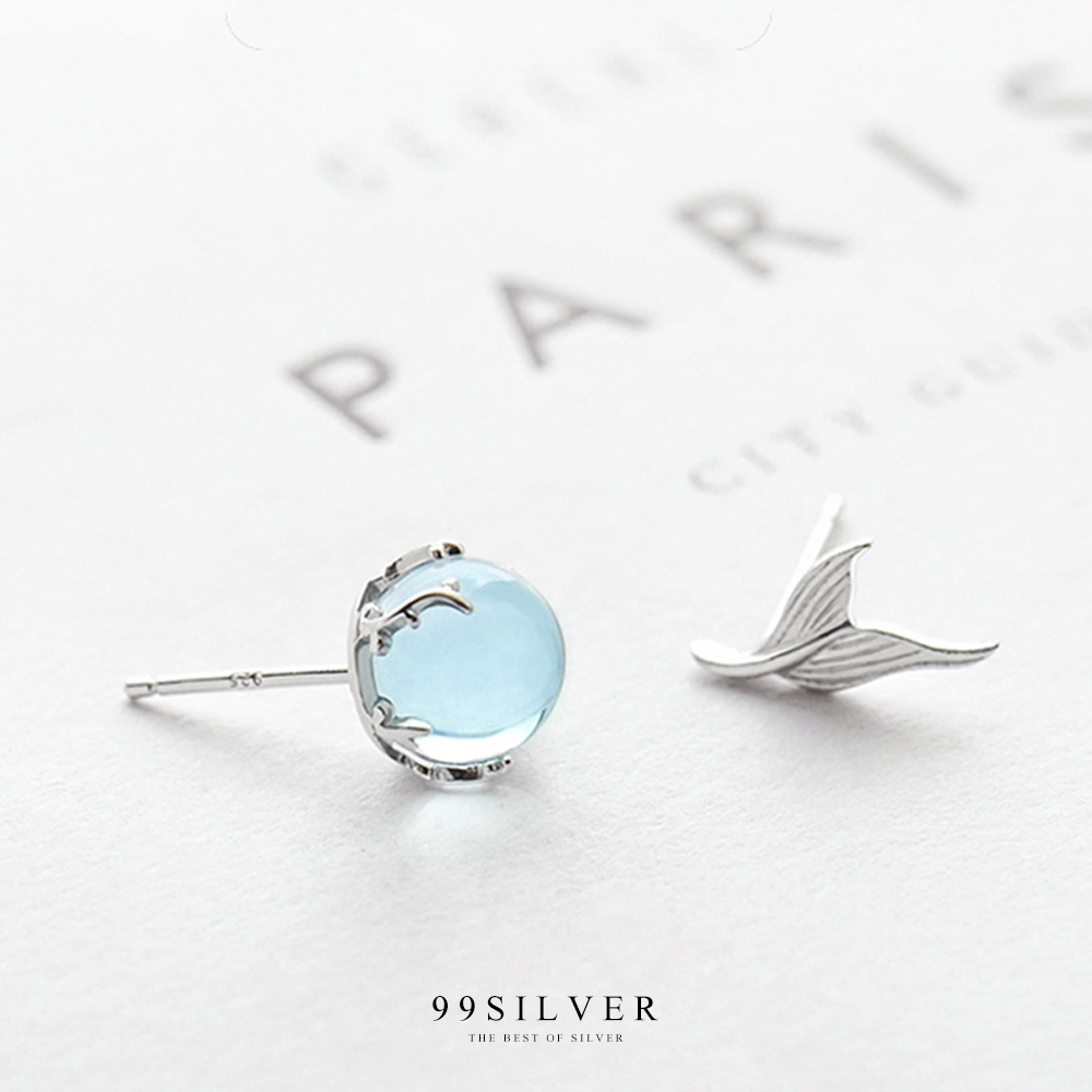 ต่างหูหางนางเงือก Mermaid Tail ดีไซน์เป็นฟองอากาศในน้ำด้วยหินสีฟ้าอ่อนสวยงาม