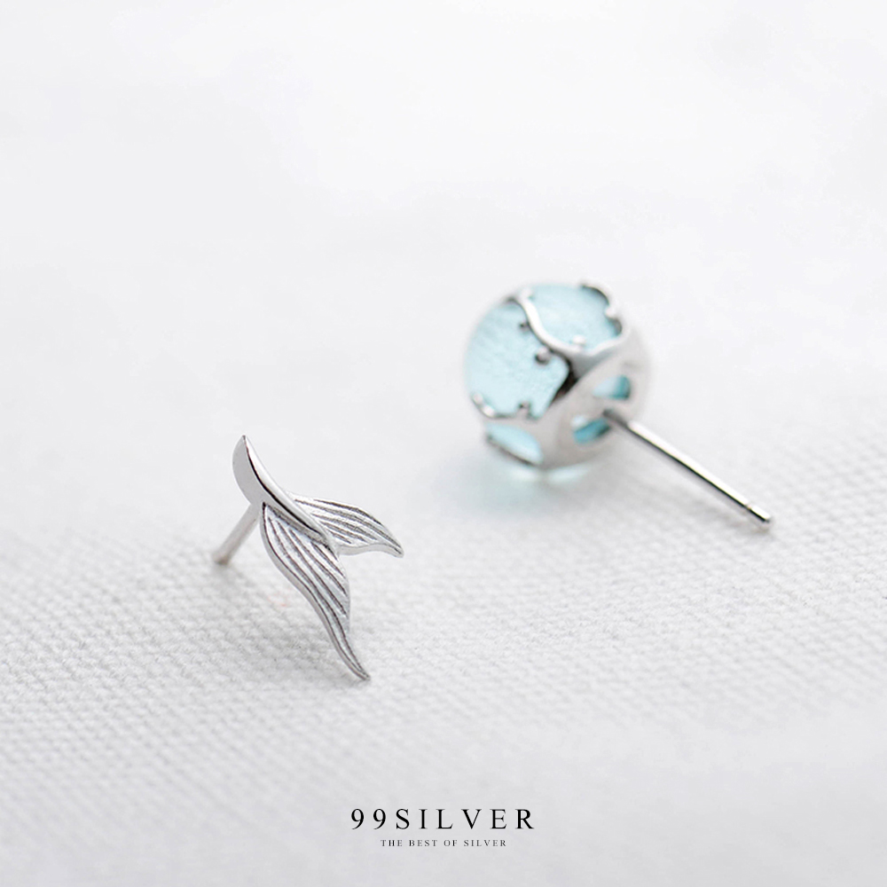 ต่างหูหางนางเงือก Mermaid Tail ดีไซน์เป็นฟองอากาศในน้ำด้วยหินสีฟ้าอ่อนสวยงาม