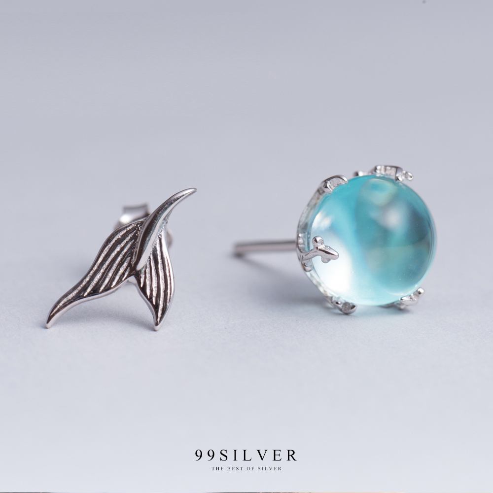 ต่างหูหางนางเงือก Mermaid Tail ดีไซน์เป็นฟองอากาศในน้ำด้วยหินสีฟ้าอ่อนสวยงาม