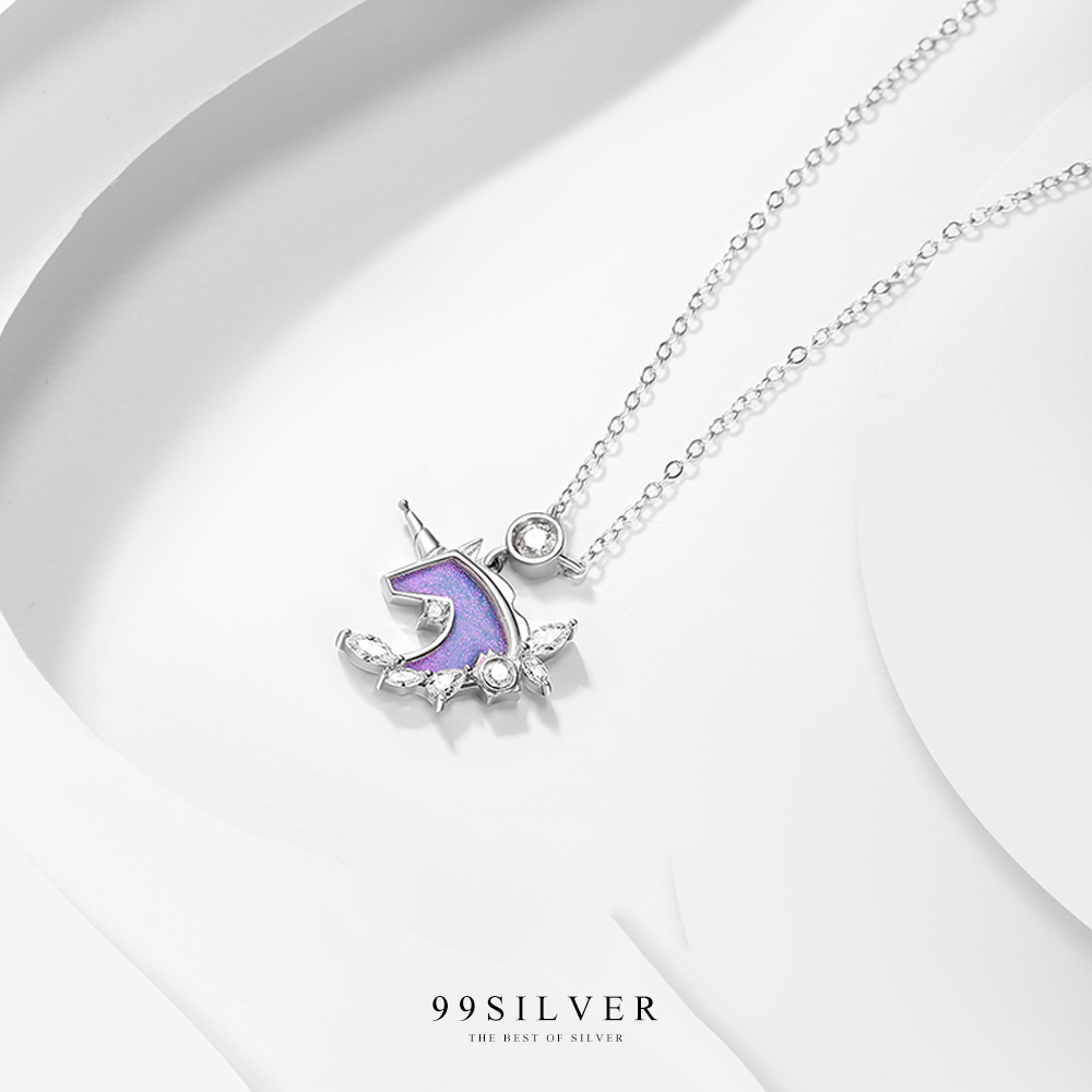 จี้ยูนิคอร์น เงินแท้ประดับเพชรและหินสีม่วงรุ้งประกายกริตเตอร์สวยงาม