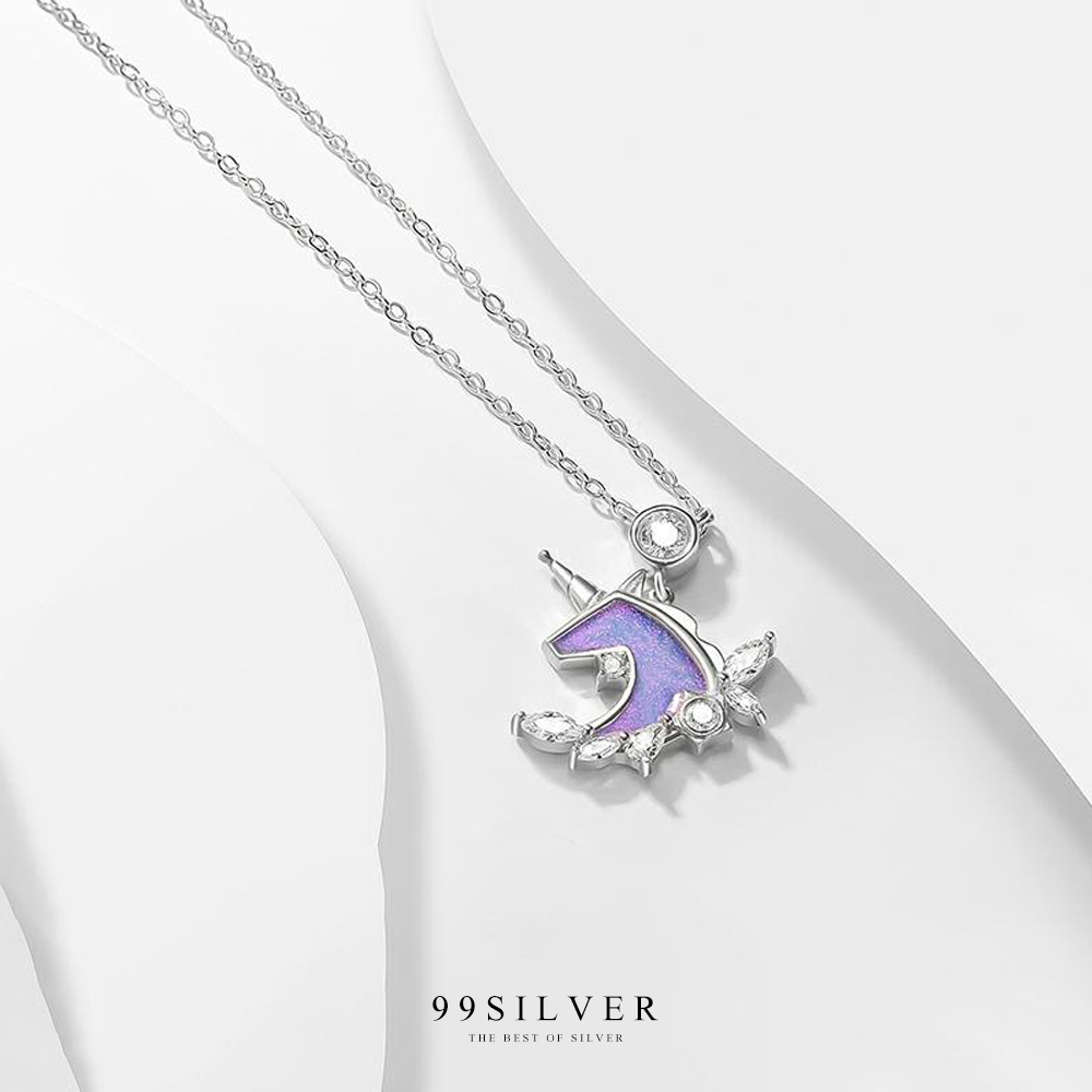 จี้ยูนิคอร์น เงินแท้ประดับเพชรและหินสีม่วงรุ้งประกายกริตเตอร์สวยงาม
