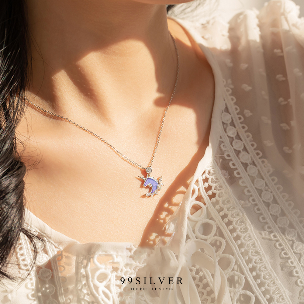 จี้ยูนิคอร์น เงินแท้ประดับเพชรและหินสีม่วงรุ้งประกายกริตเตอร์สวยงาม