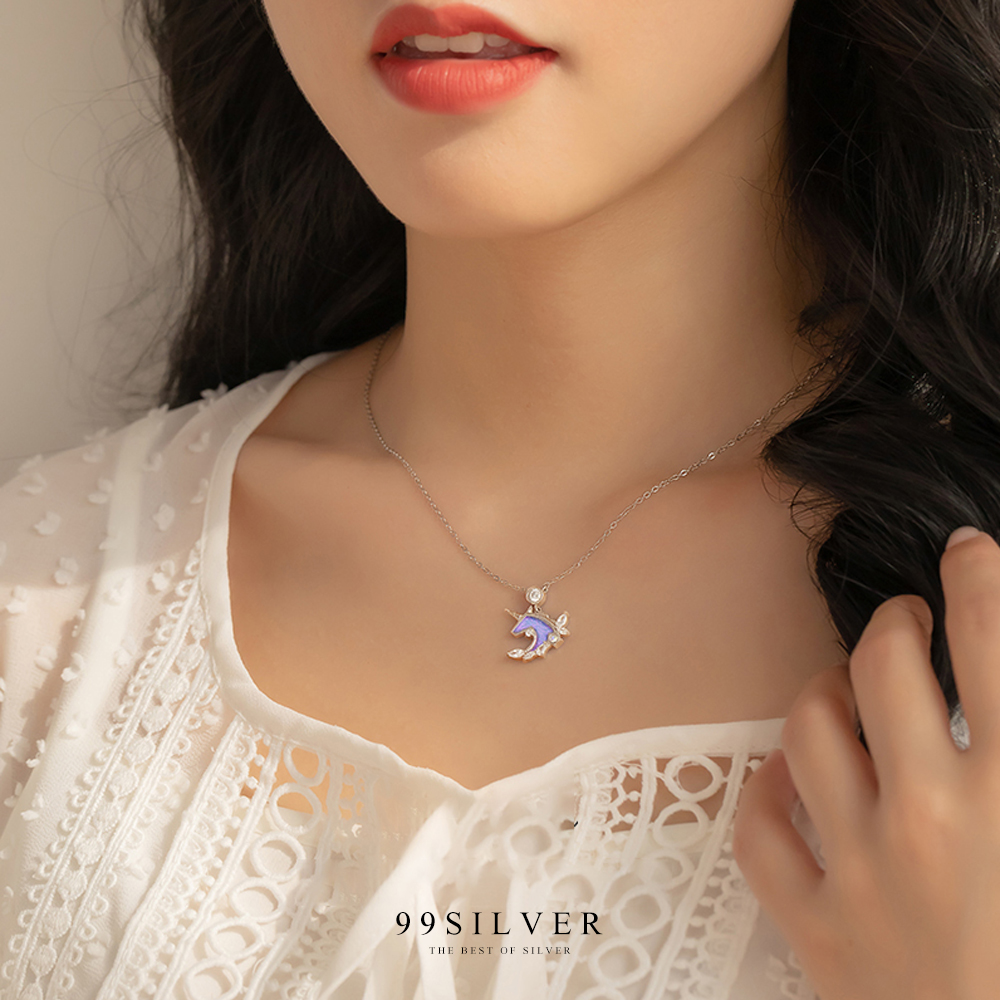 จี้ยูนิคอร์น เงินแท้ประดับเพชรและหินสีม่วงรุ้งประกายกริตเตอร์สวยงาม
