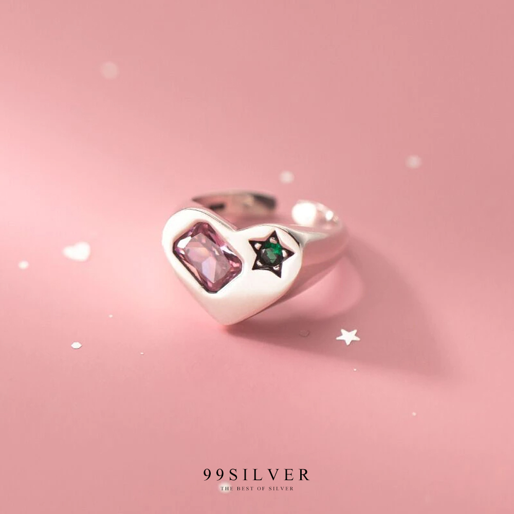 แหวนหัวใจ เงินแท้ หน้าเรือนฝังเพชร cz สีชมพู Zircon  และสีเขียว Star Party