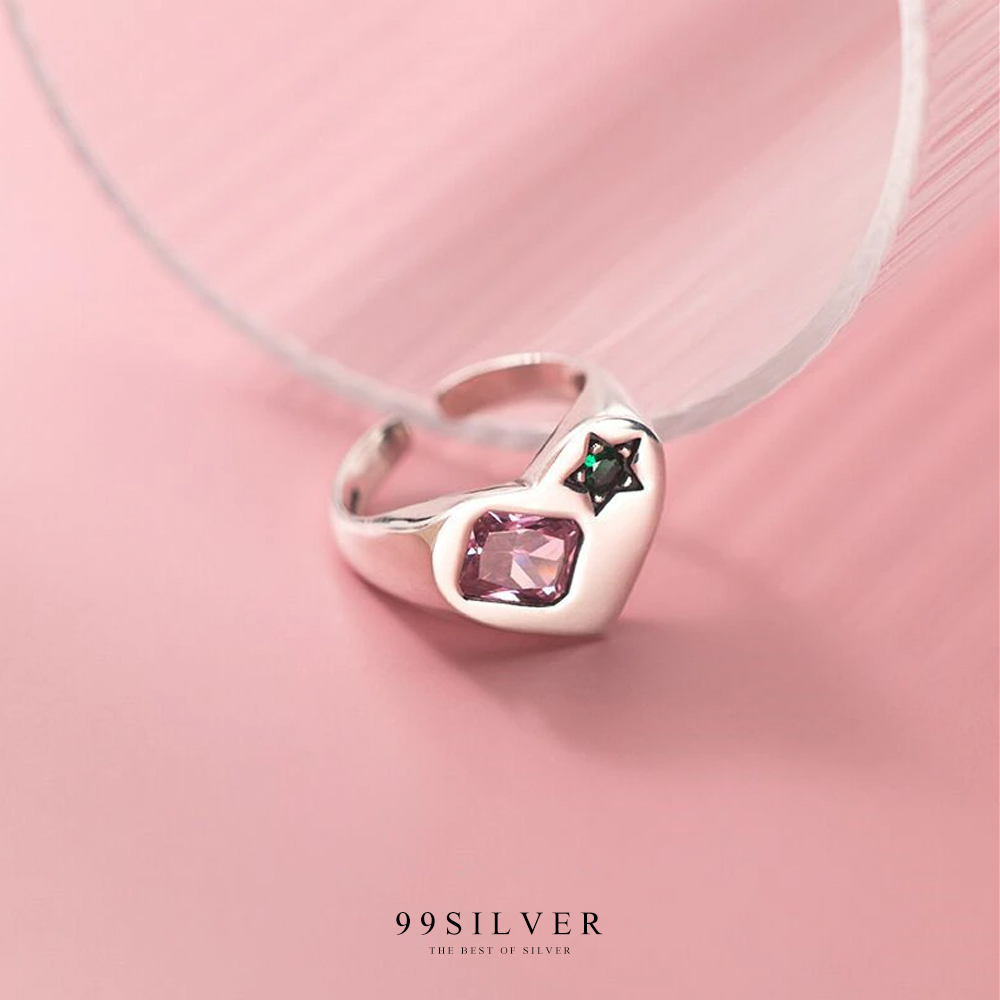 แหวนหัวใจ เงินแท้ หน้าเรือนฝังเพชร cz สีชมพู Zircon  และสีเขียว Star Party