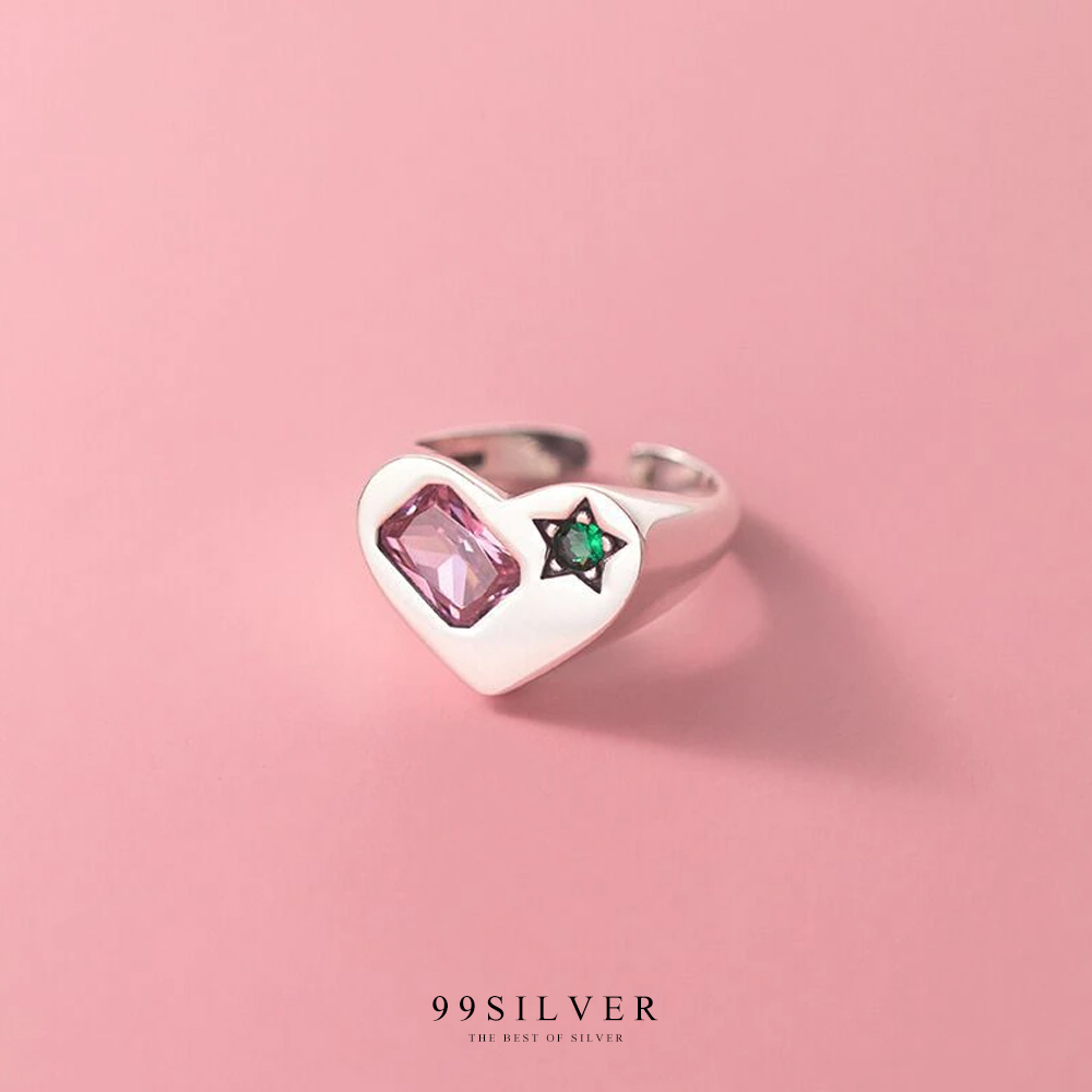 แหวนหัวใจ เงินแท้ หน้าเรือนฝังเพชร cz สีชมพู Zircon  และสีเขียว Star Party