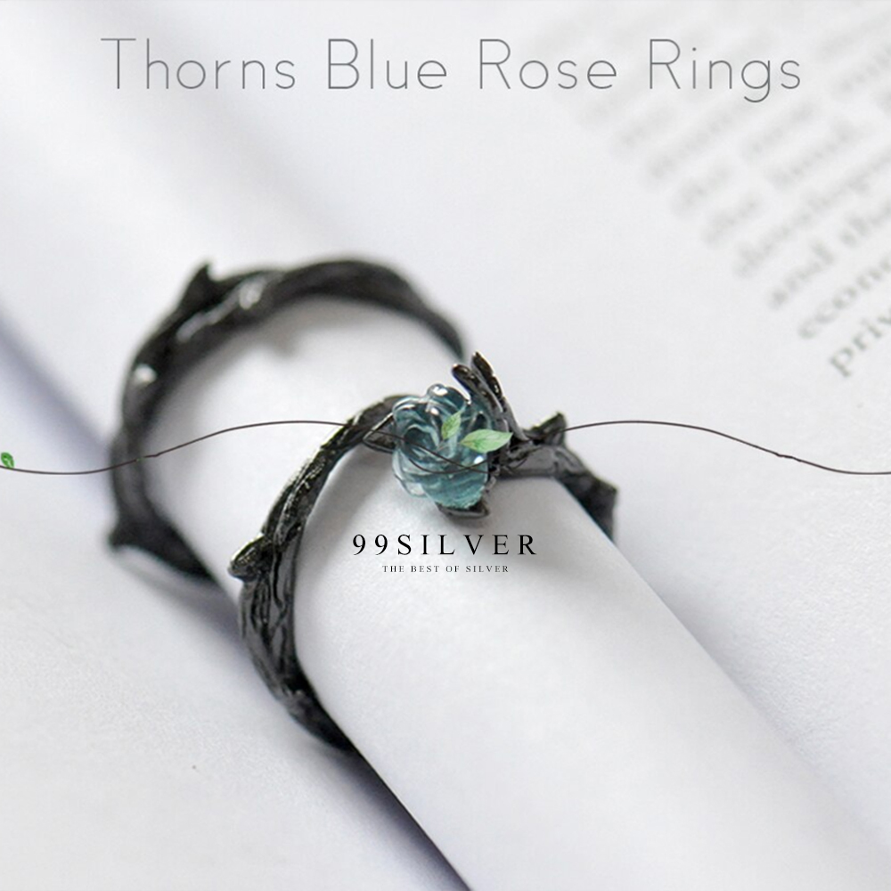 แหวนดอกกุหลาบ แกะจาก Blue Crystal แท้ ตัวเรือนเงินแท้ชุบ black Rutenium