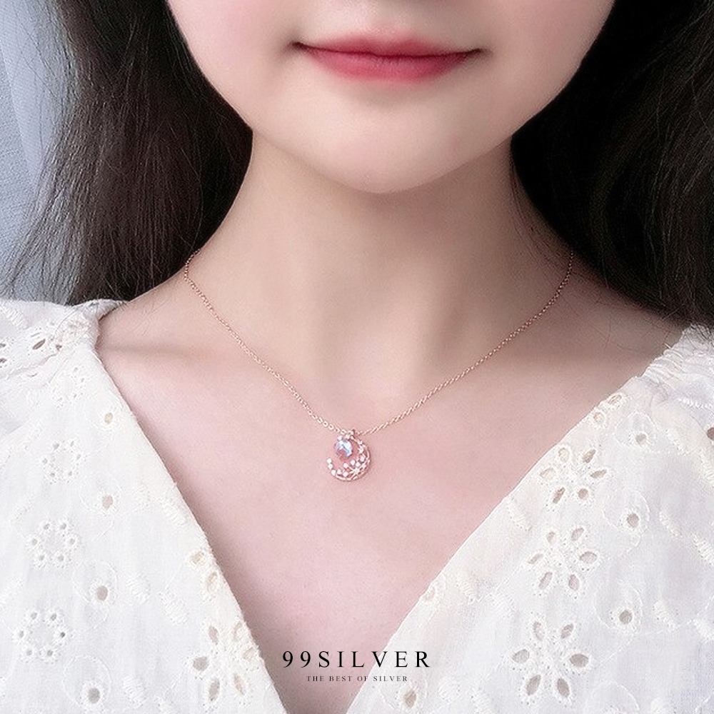 จี้พระจัทร์และดวงดาว เงินแท้่ชุบพิ้งโกล ประดับเม็ดกลางด้วย Moon Stone แท้