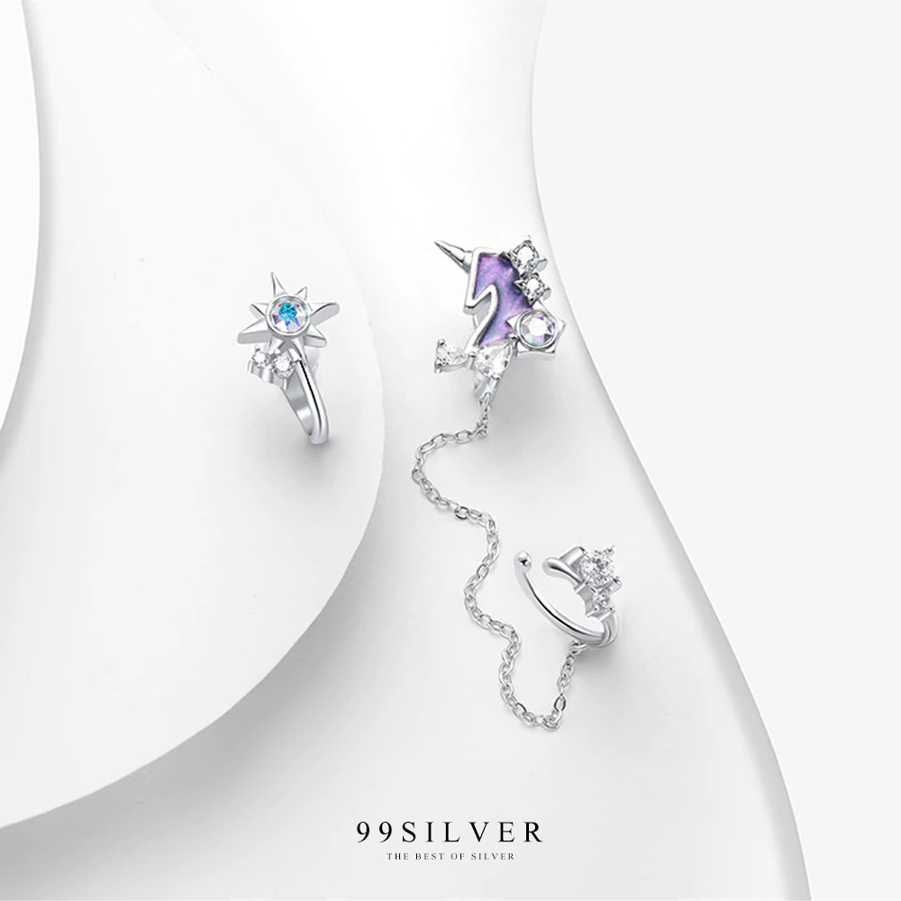 ต่างหูยูนิคอร์นสีม่วงกริตเตอร์ เป็นแบบหนีบหู ไม่ต้องเจาะมาพร้อมตุ้งติ้งหนีบใบหูสวยงาม