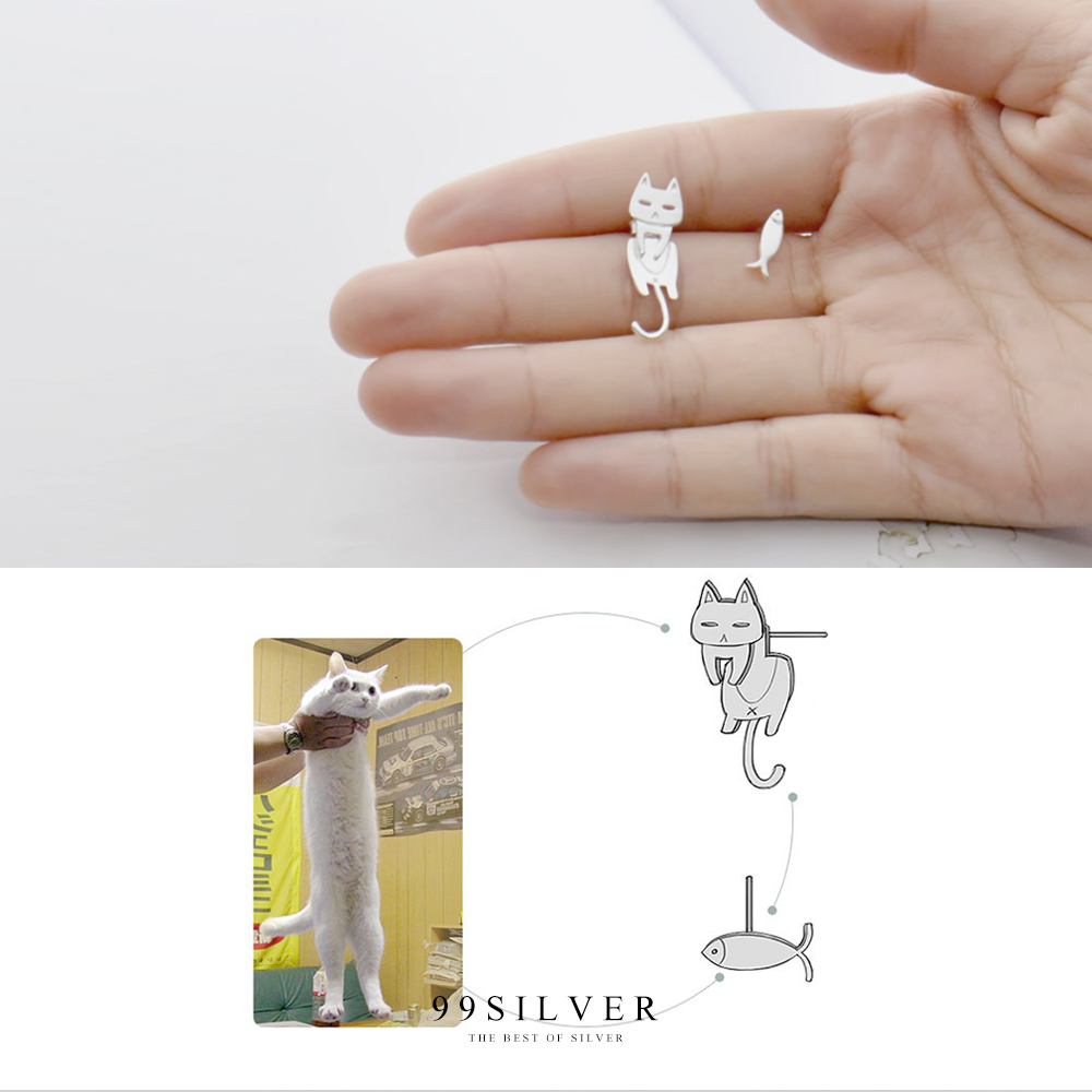 ต่างหูแมว แบบแมวห้อยตัวน่ารักๆ อีกข้างเป็นปลาย่าง เก๋ๆ ตัวเรือนเงินแท้