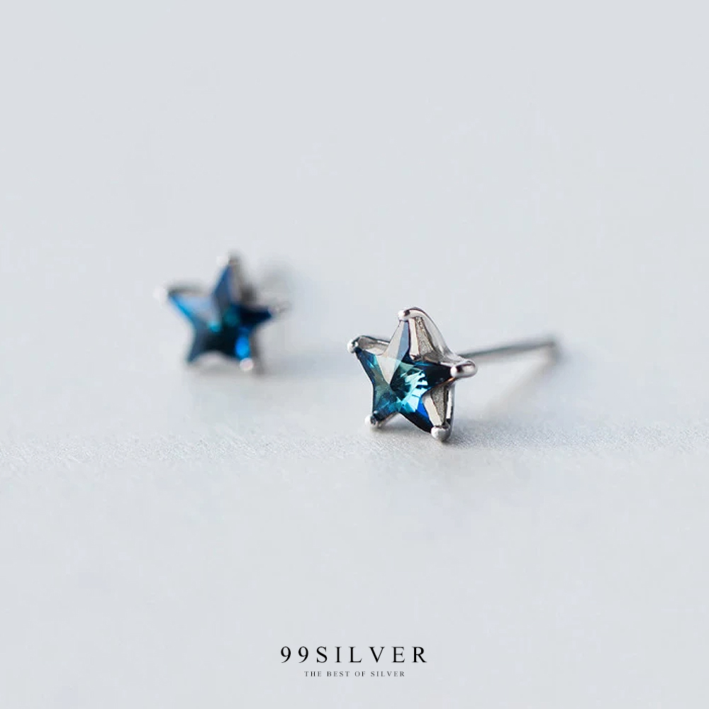 ต่างหูเพชรเม็ดเดี่ยวรูปดาวสีฟ้า แบบปักก้าน เพชร Cz swiss แท้ สีฟ้า Blue Topaz