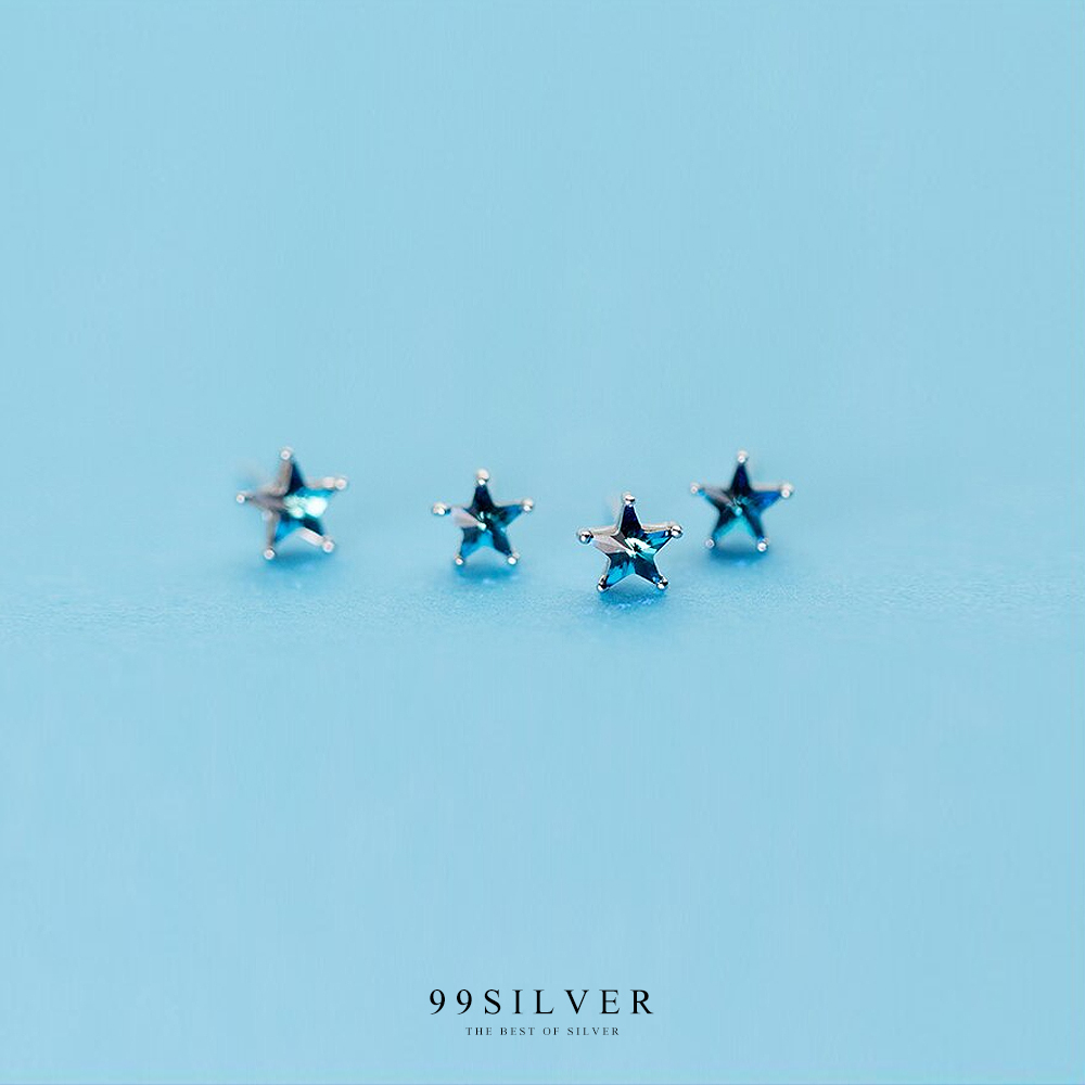ต่างหูเพชรเม็ดเดี่ยวรูปดาวสีฟ้า แบบปักก้าน เพชร Cz swiss แท้ สีฟ้า Blue Topaz