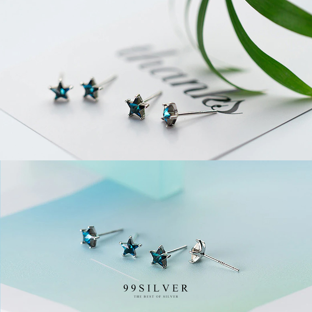 ต่างหูเพชรเม็ดเดี่ยวรูปดาวสีฟ้า แบบปักก้าน เพชร Cz swiss แท้ สีฟ้า Blue Topaz