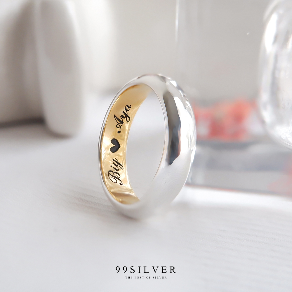 แหวนเงินแท้หน้าโค้ง ตัวเรือนหน้ากว้าง 4 มิลลิเมตร ชุบสองกษัตริย์