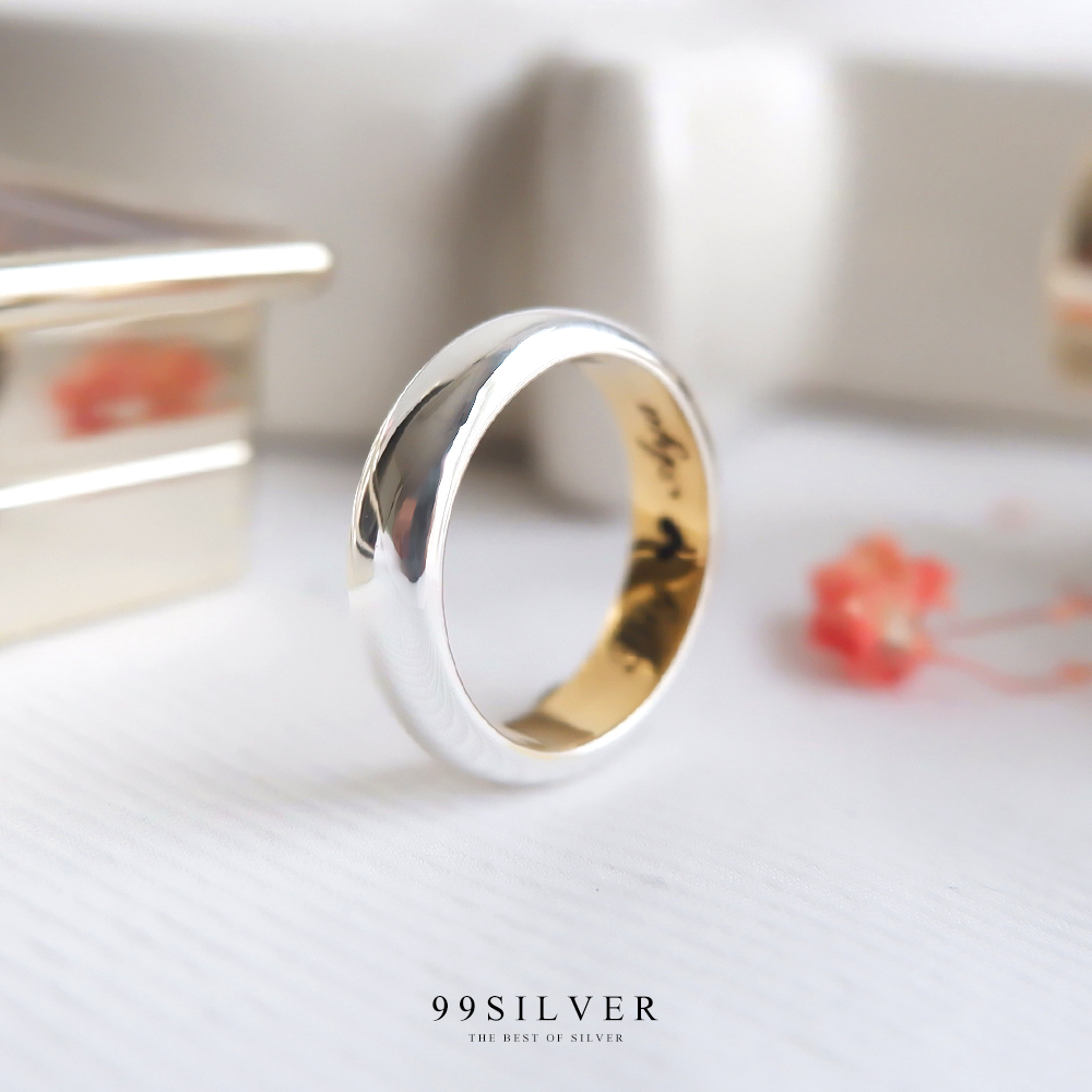 แหวนเงินแท้หน้าโค้ง ตัวเรือนหน้ากว้าง 4 มิลลิเมตร ชุบสองกษัตริย์