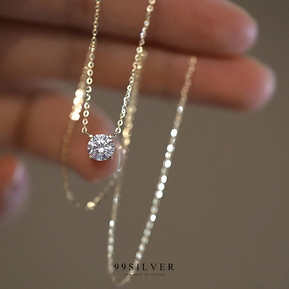 จี้เพชรเม็ดใหญ่ แบบเรียบ minimal ตัวสร้อยและจี้ชุบทอง 14K แท้สวยงาม