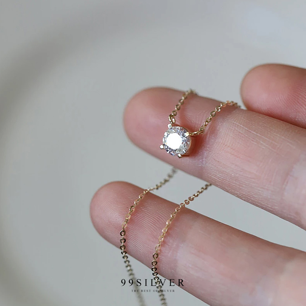 จี้เพชรเม็ดใหญ่ แบบเรียบ minimal ตัวสร้อยและจี้ชุบทอง 14K แท้สวยงาม