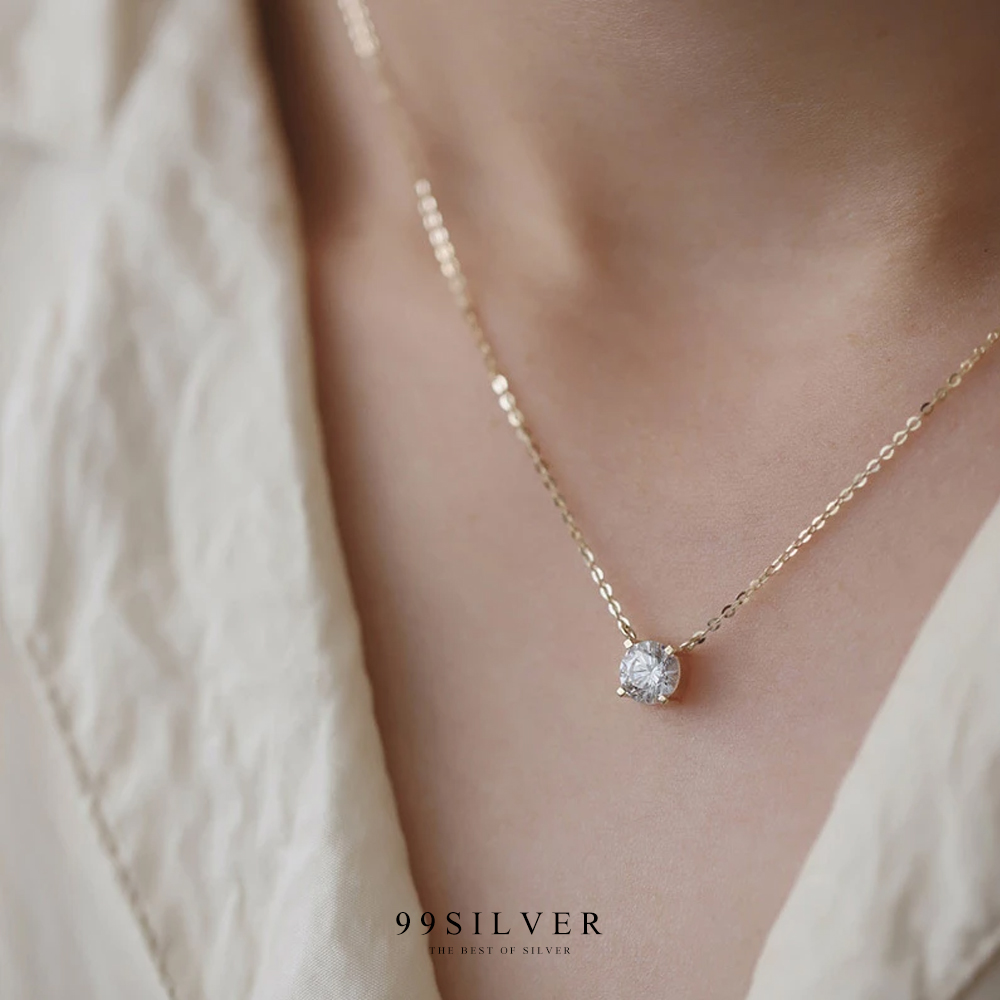 จี้เพชรเม็ดใหญ่ แบบเรียบ minimal ตัวสร้อยและจี้ชุบทอง 14K แท้สวยงาม