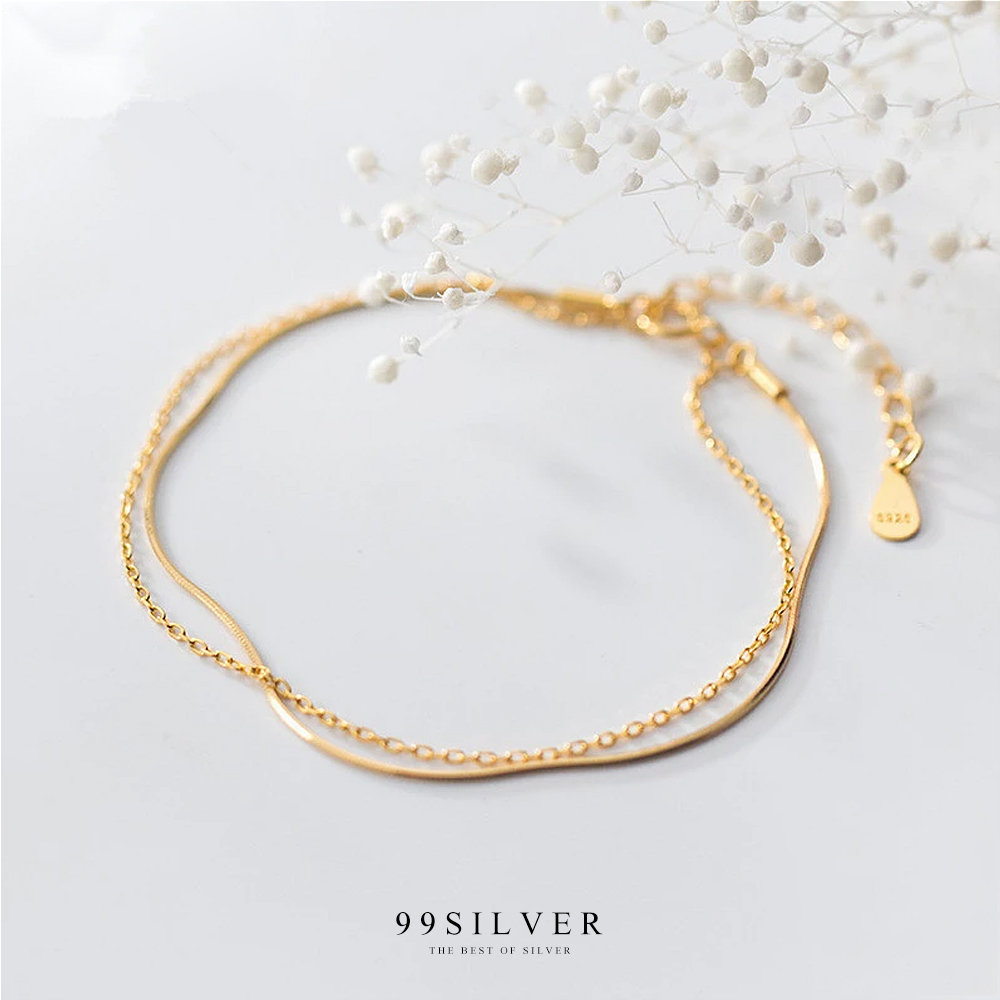 สร้อยข้อมือ Charm CROSS เป็นทรงโซ่จิ๋วสองเส้นใส่หวานๆตัวเรือนเงินแท้ชุบทอง