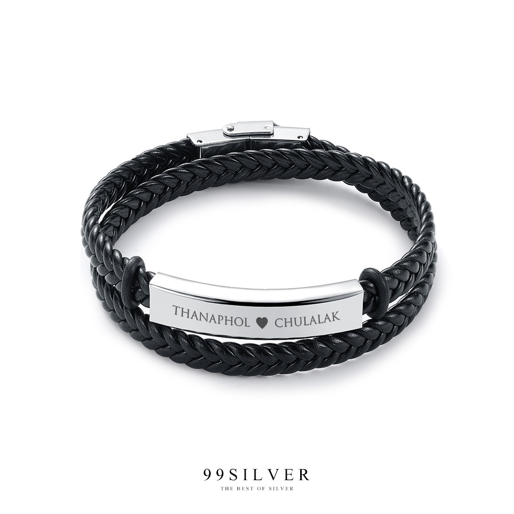 สร้อยข้อมือหนัง แบบไขว้ พร้อมหน้าเลสสีเงิน ทรงเหลี่ยม สลักอักษรได้