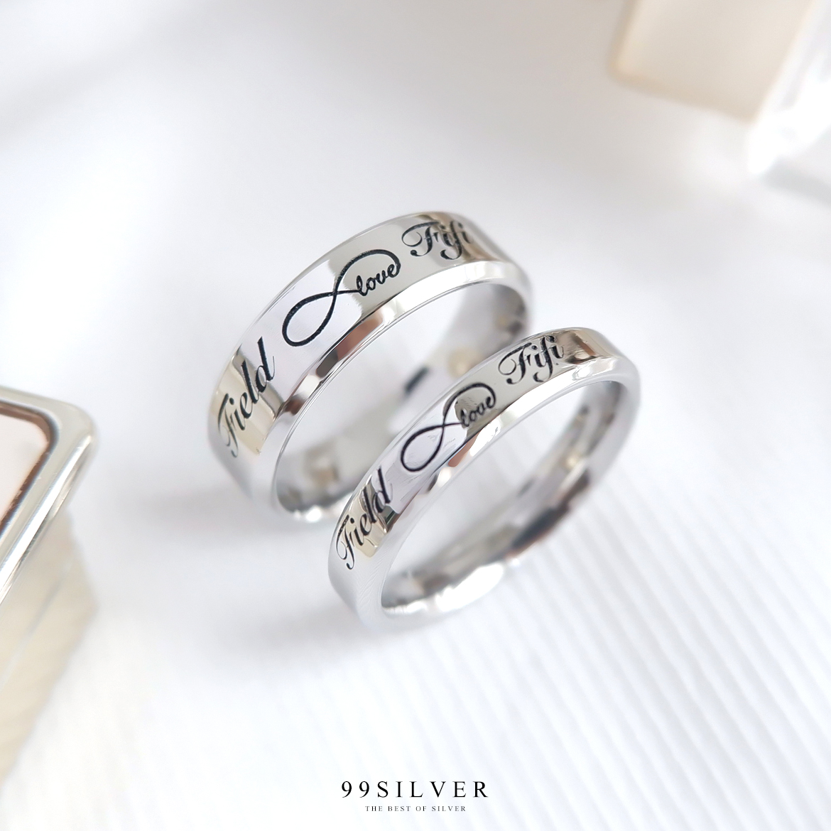 แหวนคู่ สแตนเลสแท้หน้ากว้าง 4 และ 6 มิลลิเมตร ขอบลดมุมตัด เรือนสีเงิน