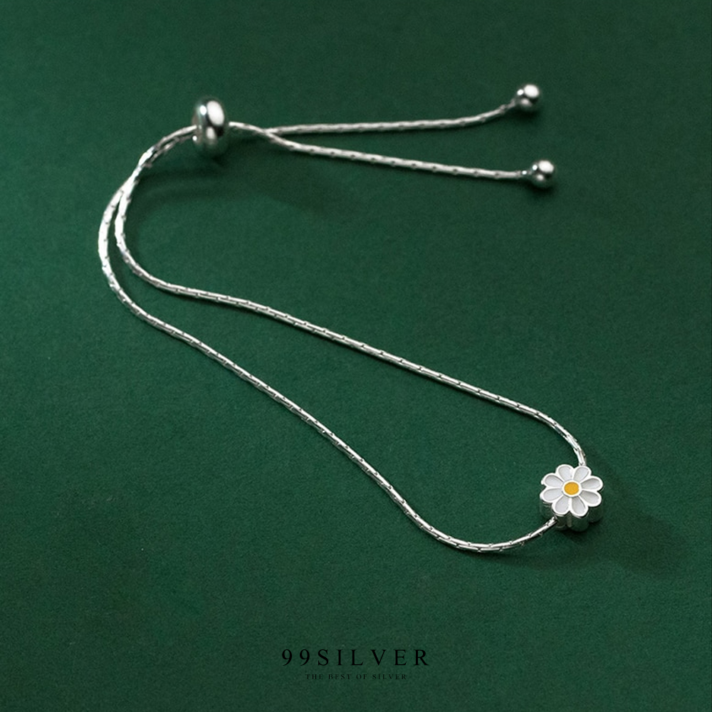 สร้อยข้อมือเงินแท้ประดับดอก Daisy ตัวสร้อยลายเกร็ด ตะขอแบบปรับระดับได้