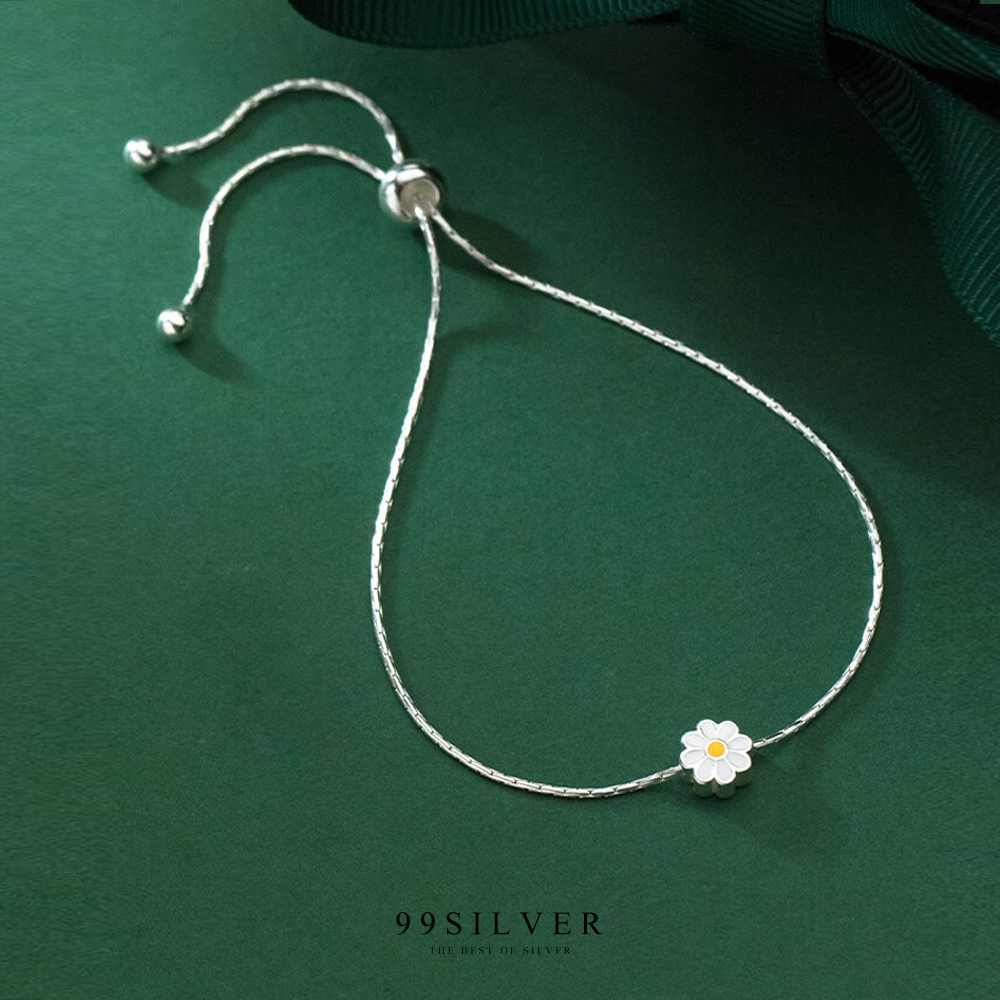 สร้อยข้อมือเงินแท้ประดับดอก Daisy ตัวสร้อยลายเกร็ด ตะขอแบบปรับระดับได้
