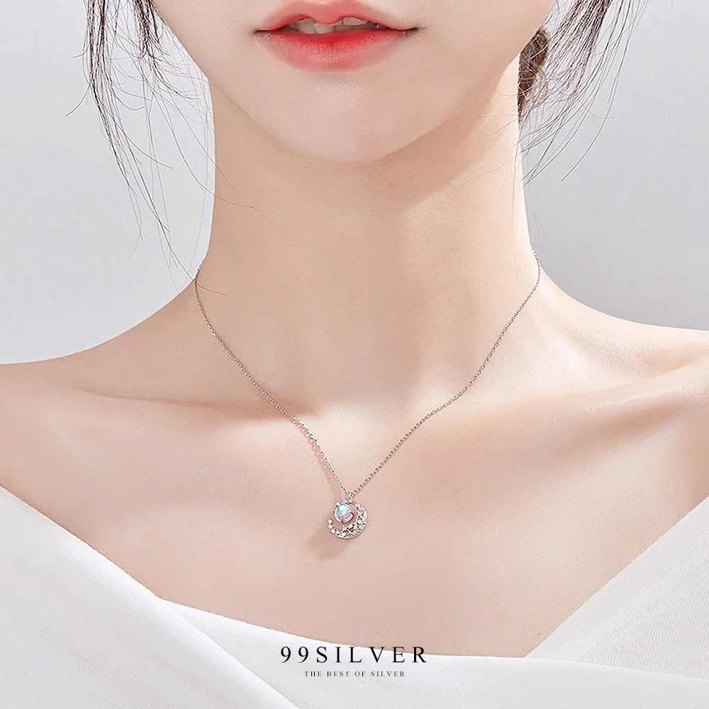 จี้พระจัทร์และดวงดาว เงินแท้่ชุบพิ้งโกล ประดับเม็ดกลางด้วย Moon Stone แท้