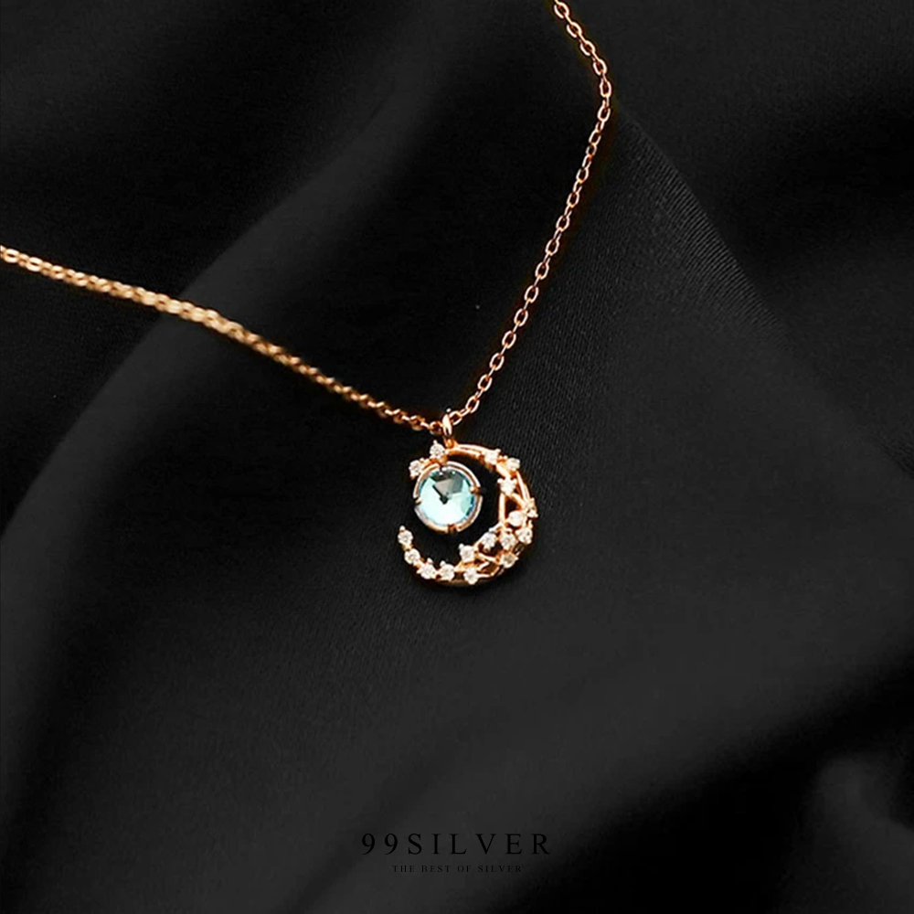 จี้พระจัทร์และดวงดาว เงินแท้่ชุบพิ้งโกล ประดับเม็ดกลางด้วย Moon Stone แท้