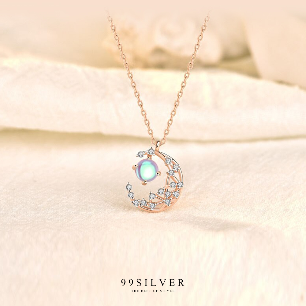 จี้พระจัทร์และดวงดาว เงินแท้่ชุบพิ้งโกล ประดับเม็ดกลางด้วย Moon Stone แท้