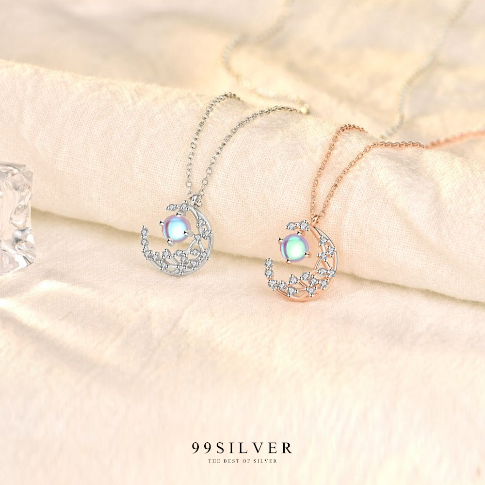 จี้พระจัทร์และดวงดาว เงินแท้่ชุบพิ้งโกล ประดับเม็ดกลางด้วย Moon Stone แท้