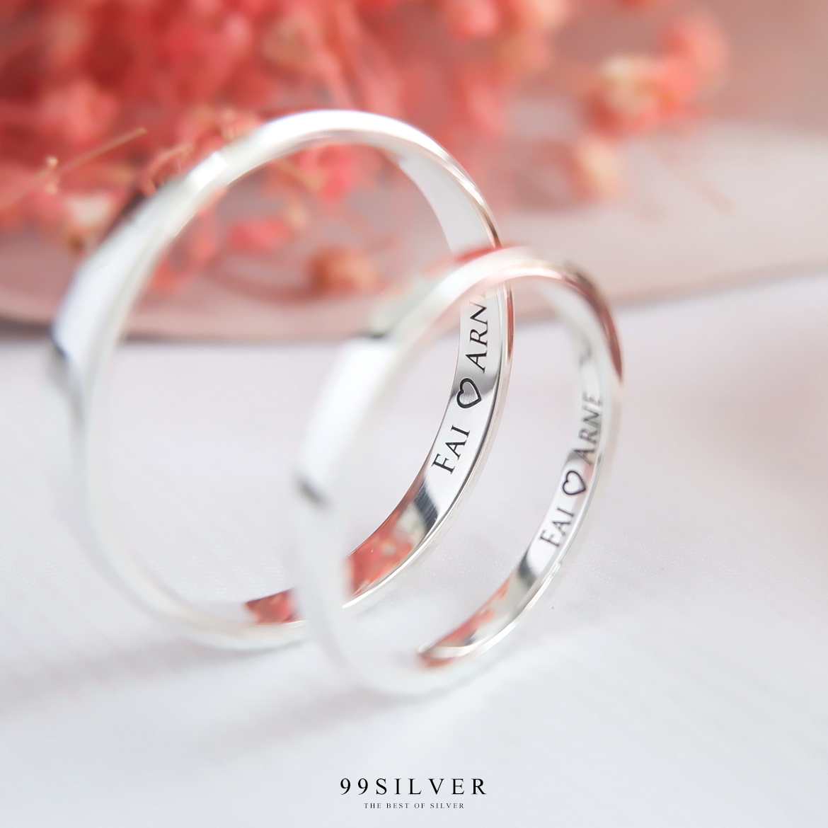 Set แหวนคู่รักชายหญิง เงินแท้รุ่นมาตรฐาน หน้ากว้าง 2 และ 2 มิลลิเมตร