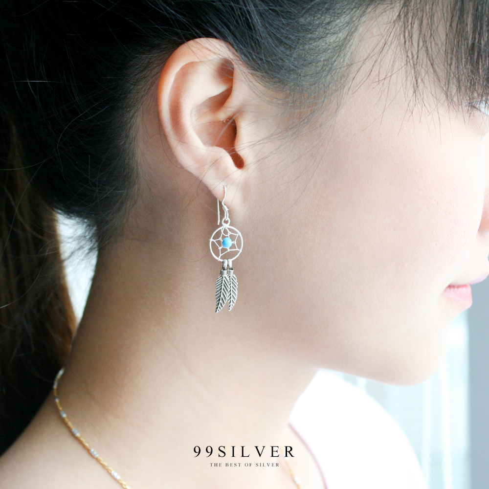 ต่างหูดรีมแคชเชอร์ ตาข่ายดักฝันร้ายตัวเรือนเงินแท้ร้อยลูกปัดหิน