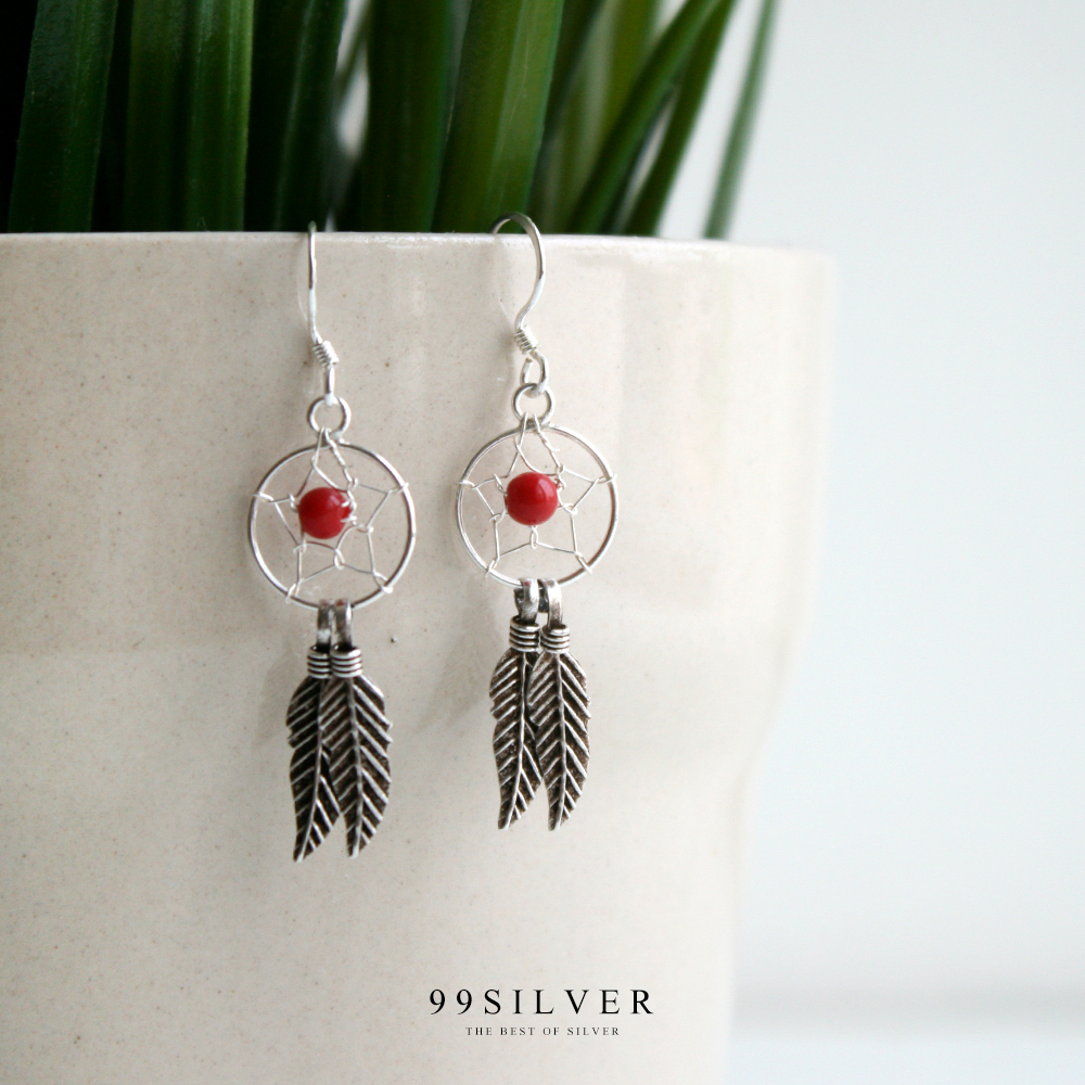 ต่างหูดรีมแคชเชอร์ ตาข่ายดักฝันร้ายตัวเรือนเงินแท้ร้อยลูกปัดหิน