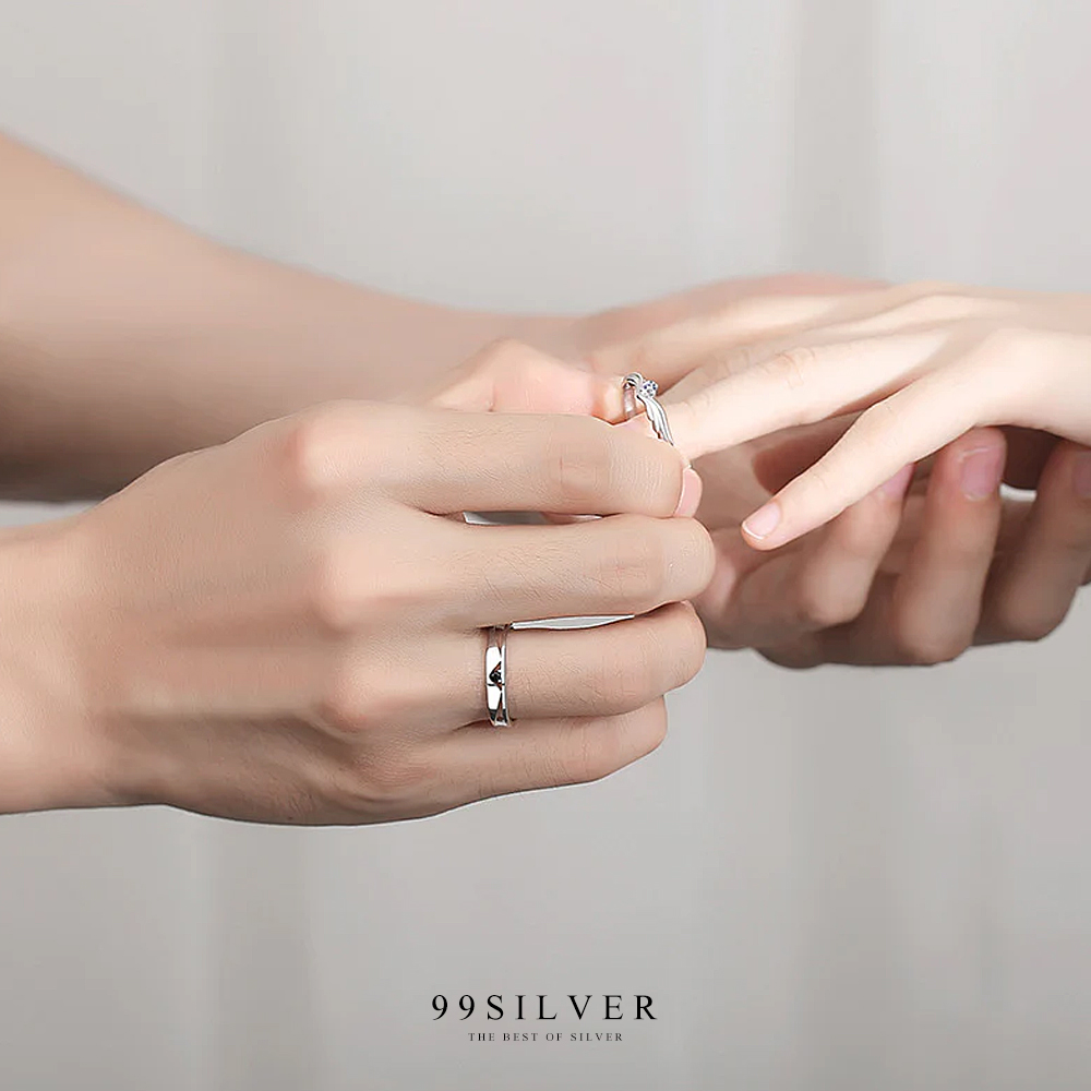 แหวนคู่รัก Angle Wing And Tuxedo ตัวเรือนเงินแท้ปรับขนาดได้