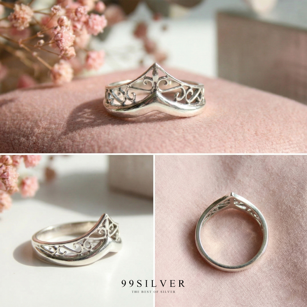 แหวนมงกุฎ ปลายเชิด ตีลายโปร่งรอบวง ก้านแหวน 2.5 มิลลิเมตร