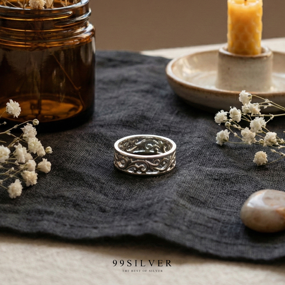 แหวนเงินเจาะเล่นลาย Element ลวดลายสไตร์ยุโรปโบราณ ขนาดหน้าเรือน 5 mm. 