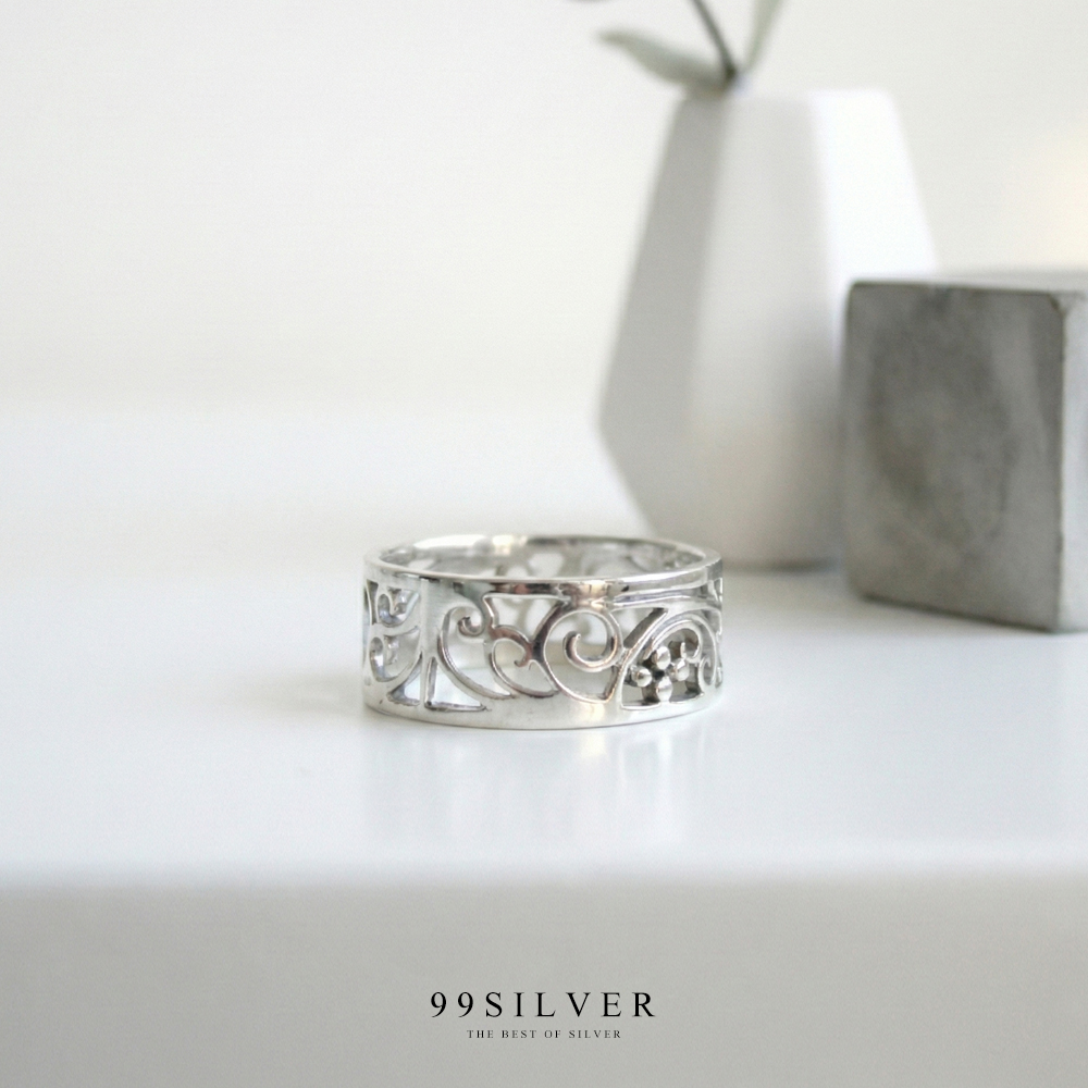 แหวนเงินเจาะเล่นลาย Element ลวดลายสไตร์ยุโรปโบราณ ขนาดหน้าเรือน 7 mm.