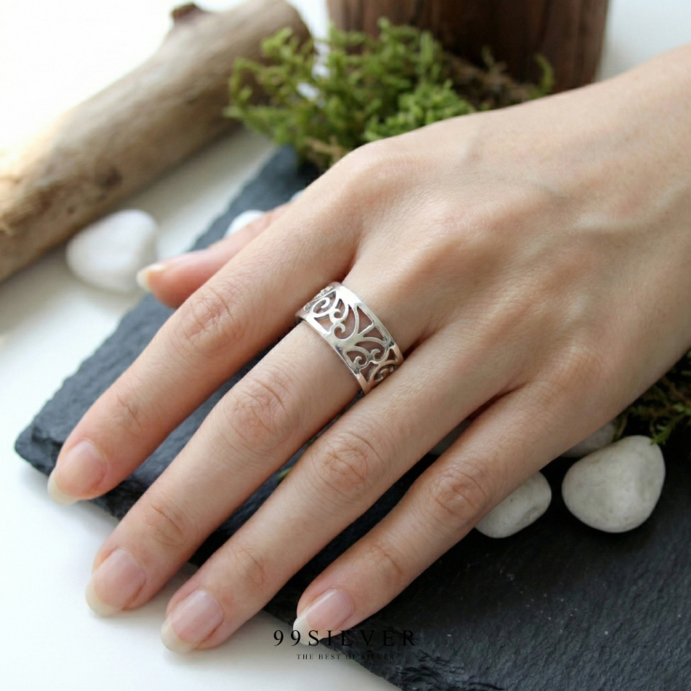 แหวนเงินเจาะเล่นลาย Element ลวดลายสไตร์ยุโรปโบราณ ขนาดหน้าเรือน 7 mm.