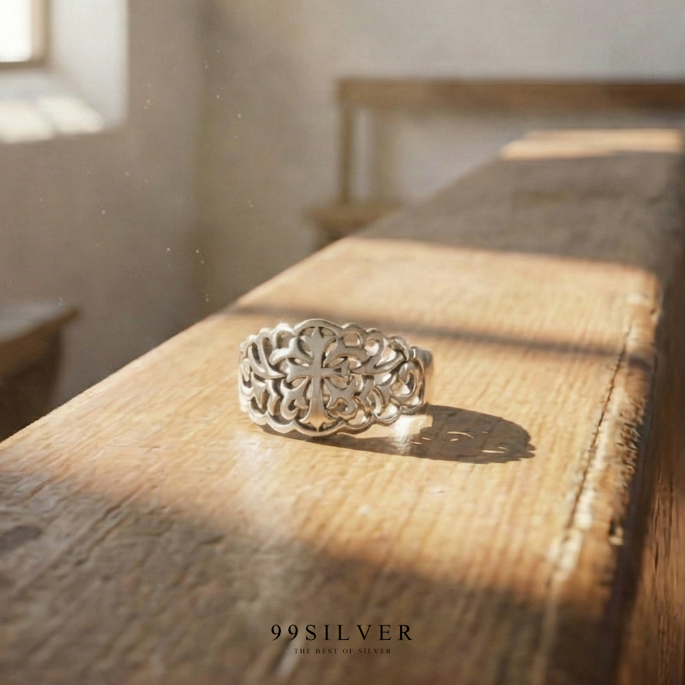 แหวนเงินไม้กางเขนเจาะลายโบฮีเมี่ยน เป็นลาย element สวยๆหวานๆ