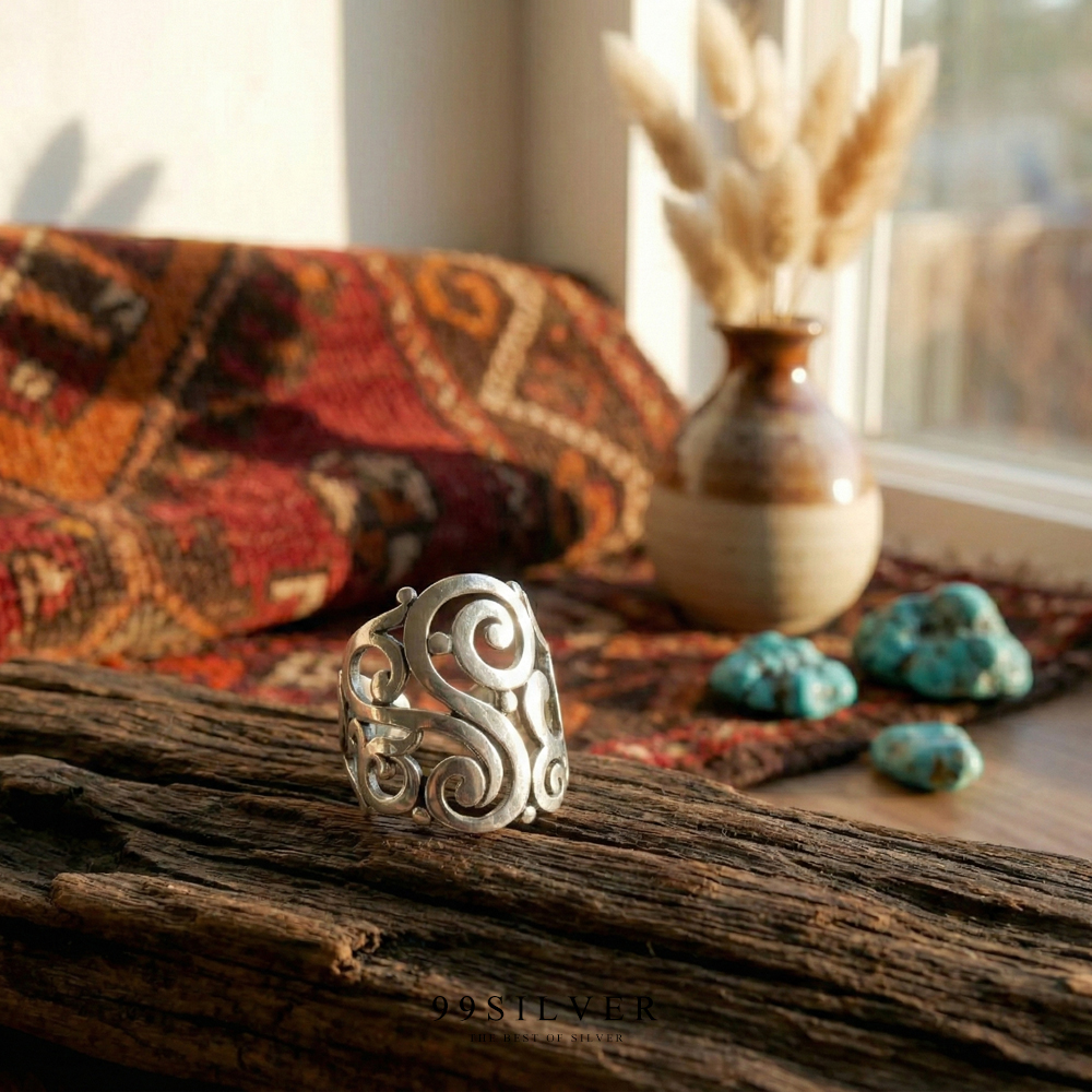 แหวนเงินลาย element แนวโบฮีเมี่ยนแบบโค้งเจาะลายโปร่งเต็มหน้าเรือน