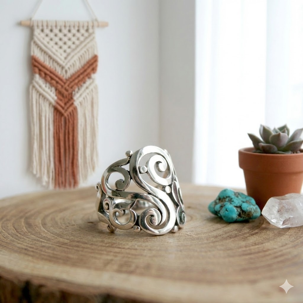 แหวนเงินลาย element แนวโบฮีเมี่ยนแบบโค้งเจาะลายโปร่งเต็มหน้าเรือน