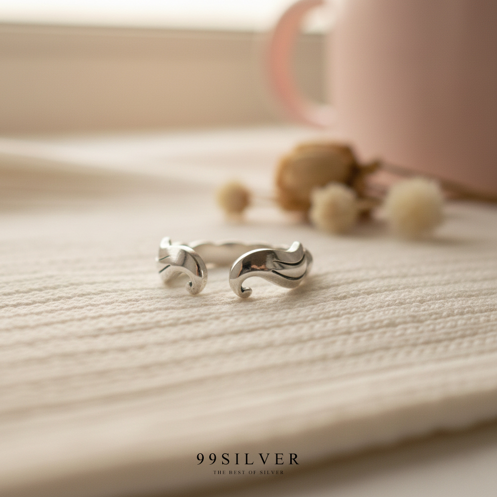 แหวนปีกนางฟ้า แบบปรับขนาดได้ ตัวเรือนเงินแท้ก้านทรงเกลียว