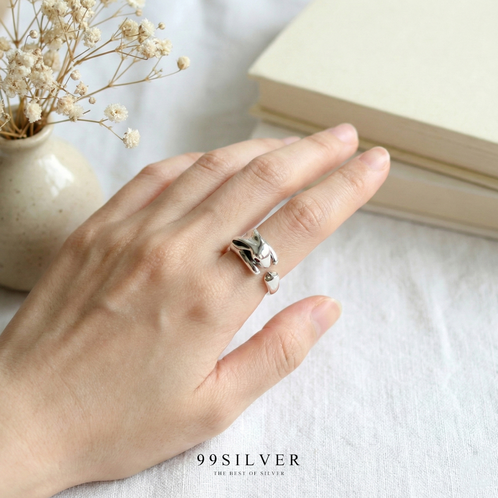 แหวนกระต่ายเกาะนิ้ว พันรอบนิ้วน่ารัก ดวงตาฝังเพชร cz สีส้ม