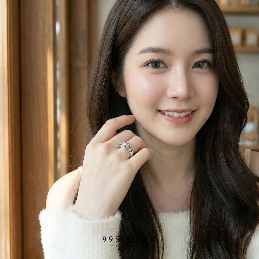 แหวนกระต่ายเกาะนิ้ว พันรอบนิ้วน่ารัก ดวงตาฝังเพชร cz สีส้ม