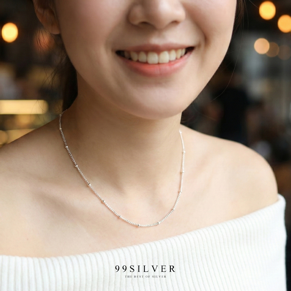 สร้อยคอเงินแท้ ลายเลสเกลียว สลับเม็ดบอลเล็ก สวยหวาน เม็ดบอลขนาด 2.5 มิลลิเมตร
