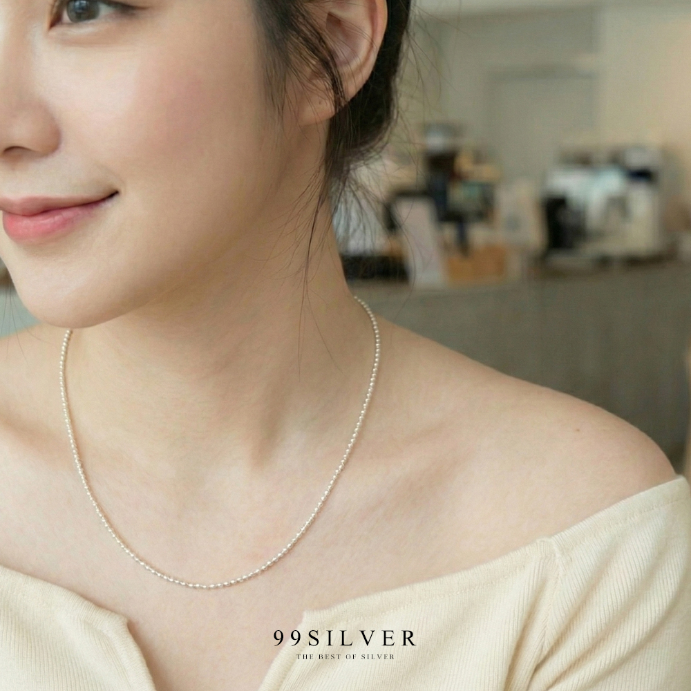 สร้อยคอเงินแท้ ลายเม็ดบอลเล็ก แบบขัดเงากลม เม็ดบอลขนาด 1 มิลลิเมตร