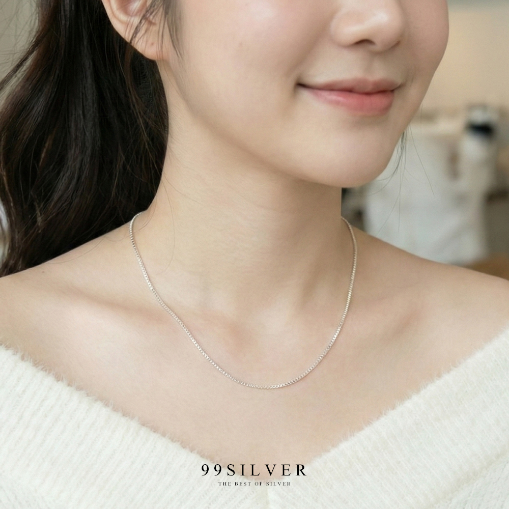 สร้อยคอเงินแท้ เป็นลายกล่องโปร่งเล็กสลับ ขนาดกล่องเหลี่ยม 1.5 มิลลิเมตร