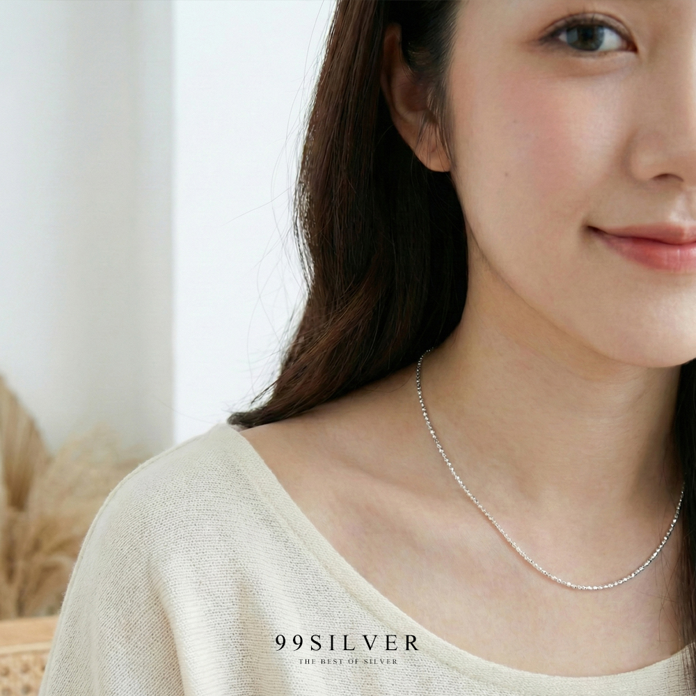 สร้อยเงินแท้ เม็ดบอลเล็กแปดเหลี่ยมตลอดทั้งเส้น ขนาด 1 มิลลิเมตร