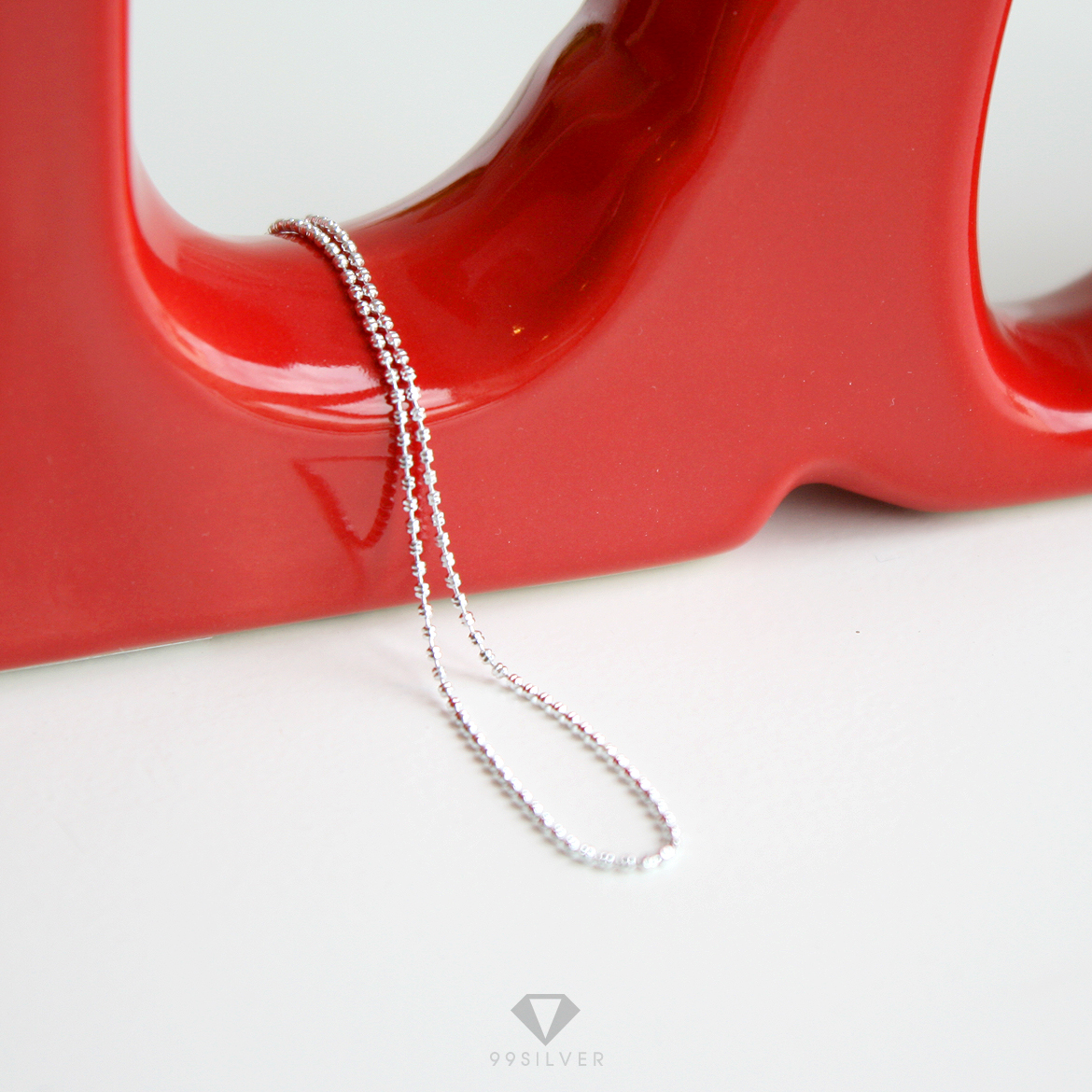 สร้อยเงินแท้ เม็ดบอลเล็กแปดเหลี่ยมตลอดทั้งเส้น ขนาด 1 มิลลิเมตร